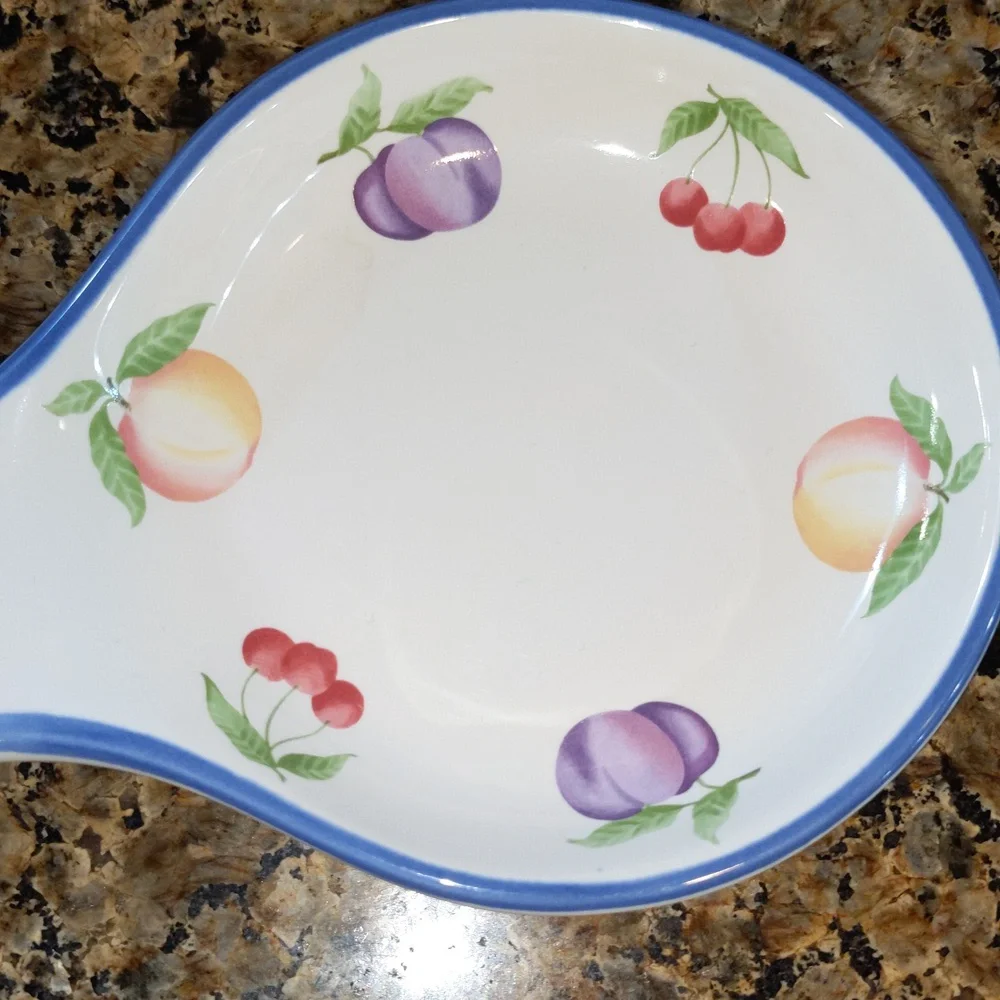 Vintage Pfaltzgraff Hopscotch Fruit Spoon Rest Glossy Ceramic Blue White Tidbit